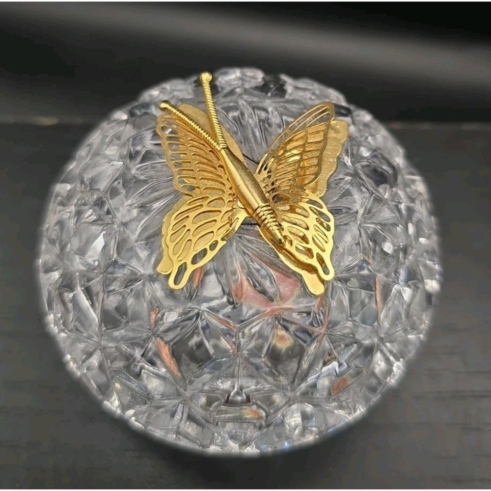 Lefton Glass Trinket Ring Jewelry Box with Butterflies on LID Taiwan